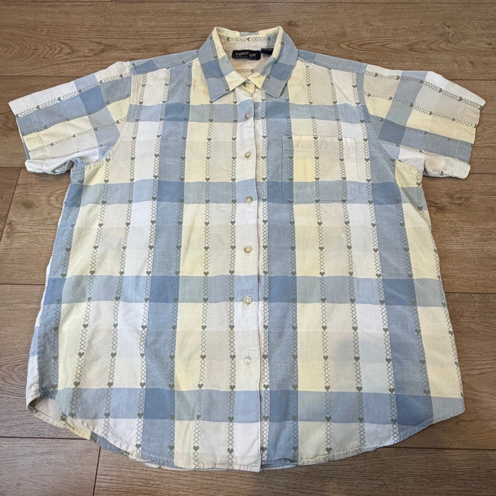 Vtg 80s 90s Krazy Kat Women Plaid Heart Embroidered Cotton Button Up Shirt L